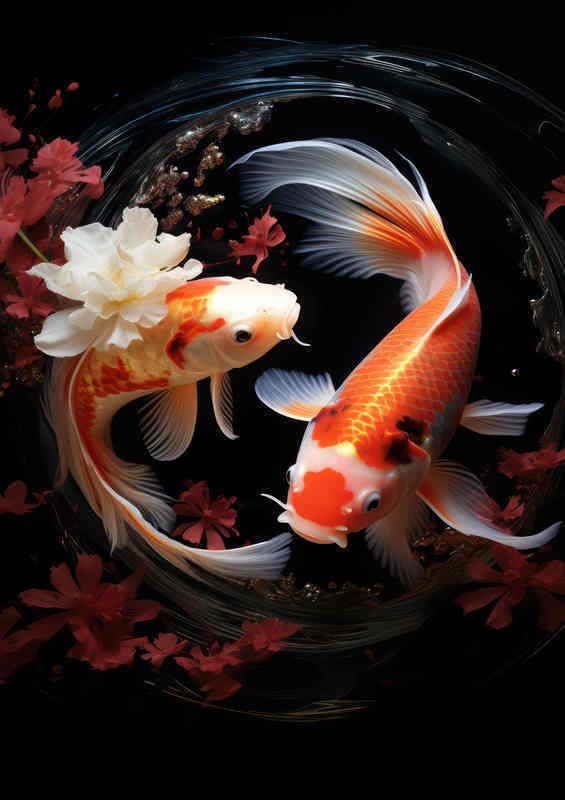 Koi swimming elegantly in the pond with flowers | Di-Bond