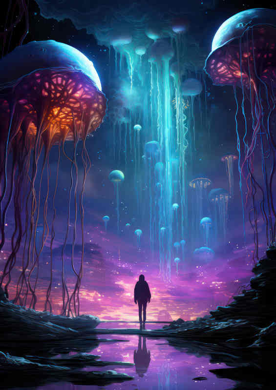 Man surrounded by giant Jellyfish in the sky | Poster