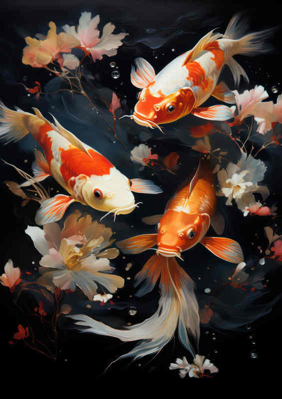Painted style Koi with Water flowers | Poster