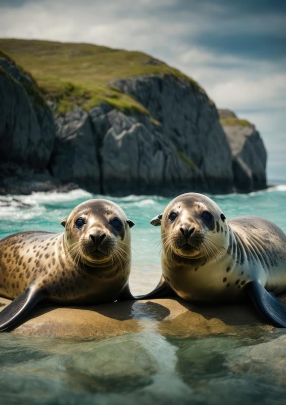 Seals In the sea next to the rock cliffs | Canvas