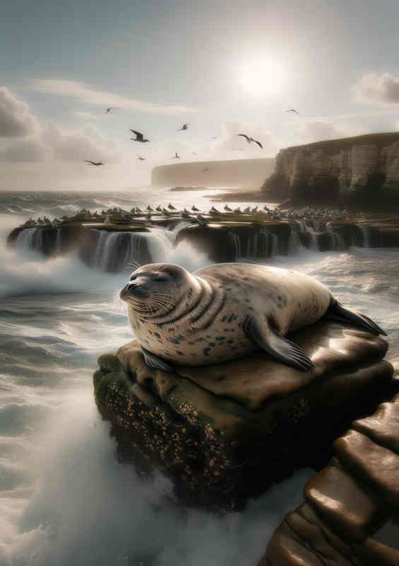 Seals Sunlit Rest on Rock Basking in Sun | Di-Bond