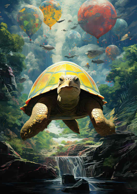 Turtle flying above the river surreal art style | Di-Bond