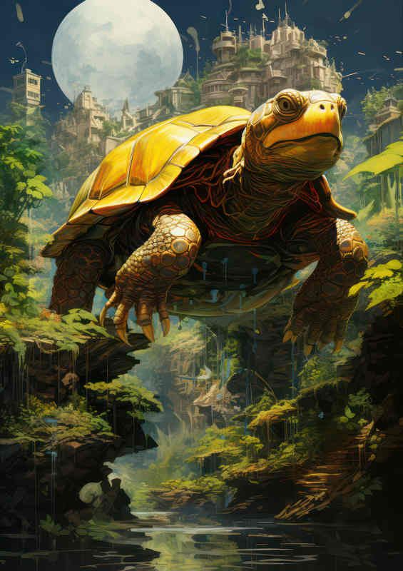 Turtle flying by the waterfall surreal art style | Metal Poster