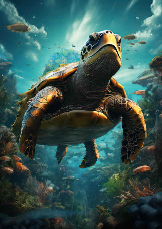 Turtle swimming in amongst the coral bed | Poster