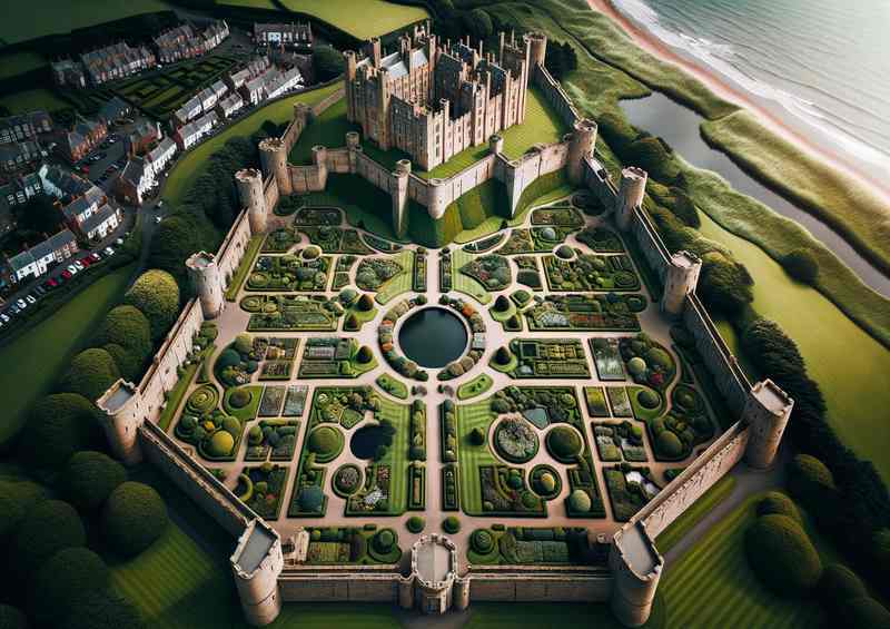 Bamburgh Castle Gardens Aerial View Metal Poster