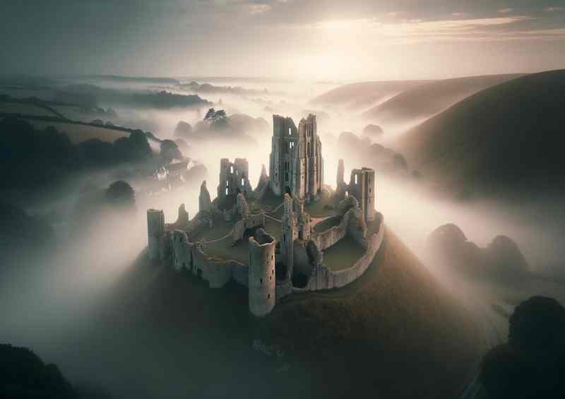 Corfe Castle Ruins Dorset Misty Dawn | Poster