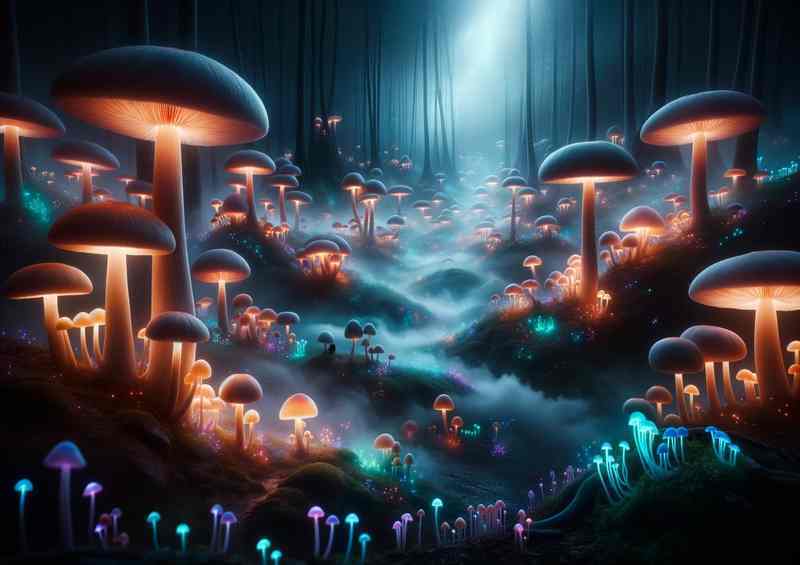 Glowing Mushroom Valley Enchant Land Luminous Fungi Metal Poster