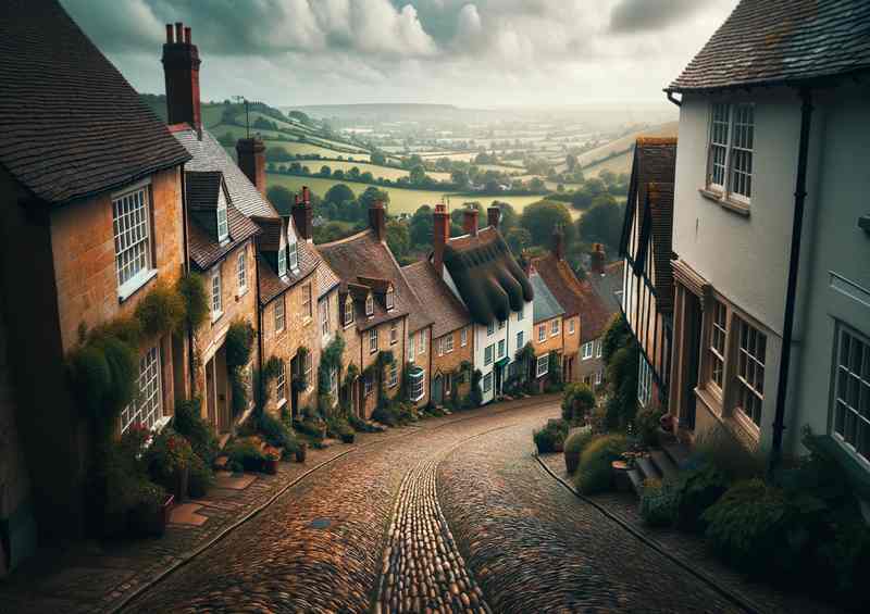 Gold Hill Shaftesbury Cobblestoned Street | Metal Poster