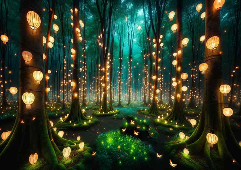 Lantern Enchanted Trees with Luminous Leaves | Metal Poster