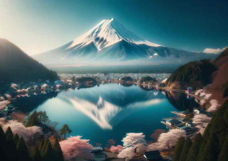 Fuji Snow-Capped Peak Metal Poster with Tranquil Lake Reflecting