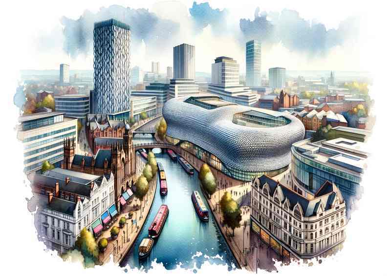 Watercolour Painting of Birmingham The citys skyline | Di-Bond