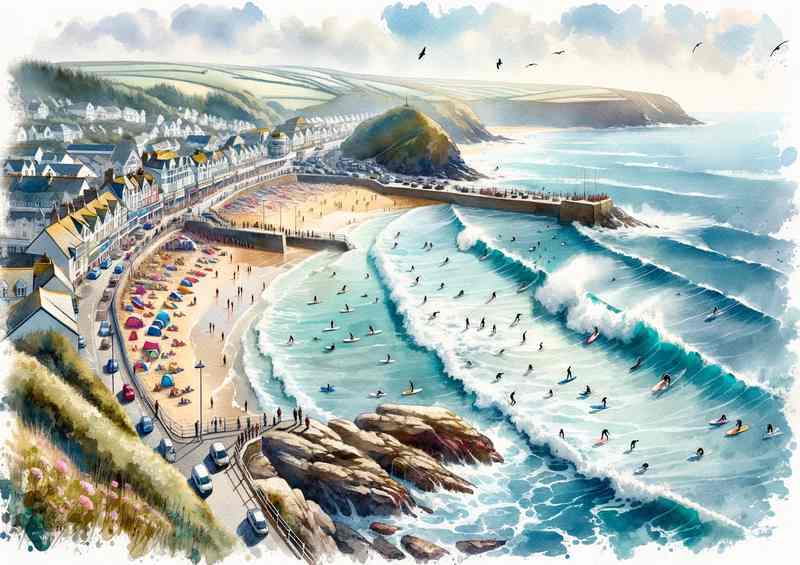 Newquay Surfing Waves Watercolour Painting