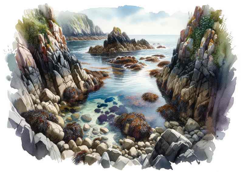 Watercolour Rocky Cove A secluded cove reveals rock pools | Canvas