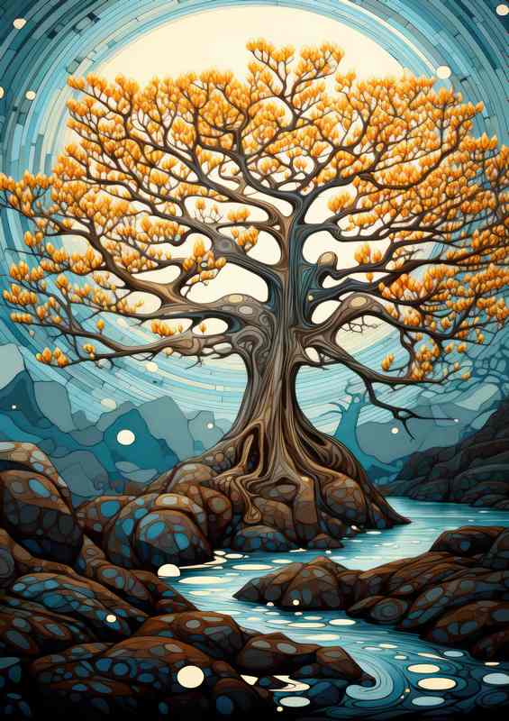 The golden yellow tree by the river front abstract style | Poster