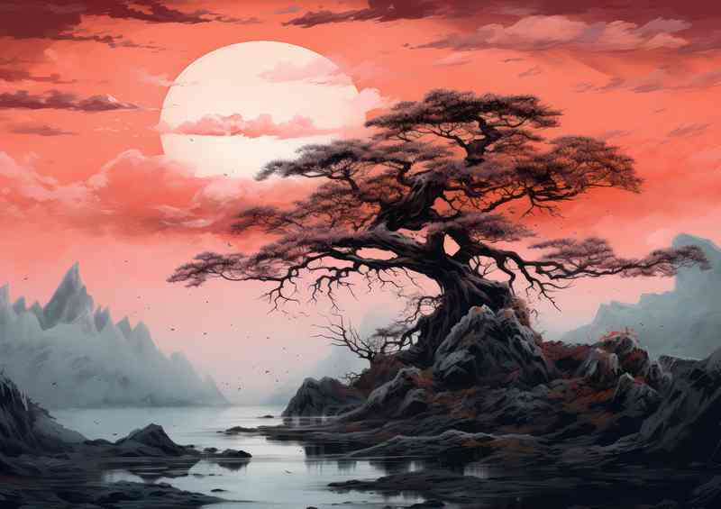 Lone single tree with full moon and a river by the side | Canvas