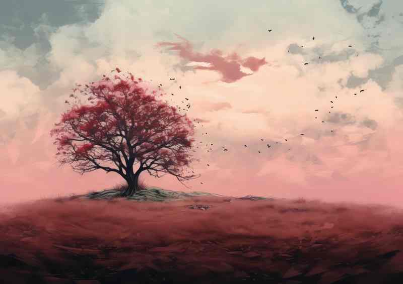 Painted single red tree on a hil top in the wind | Di-Bond