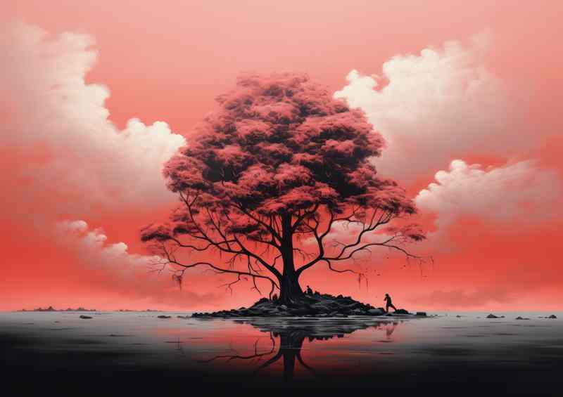 Single lonely tree with red sky and white clouds | Canvas