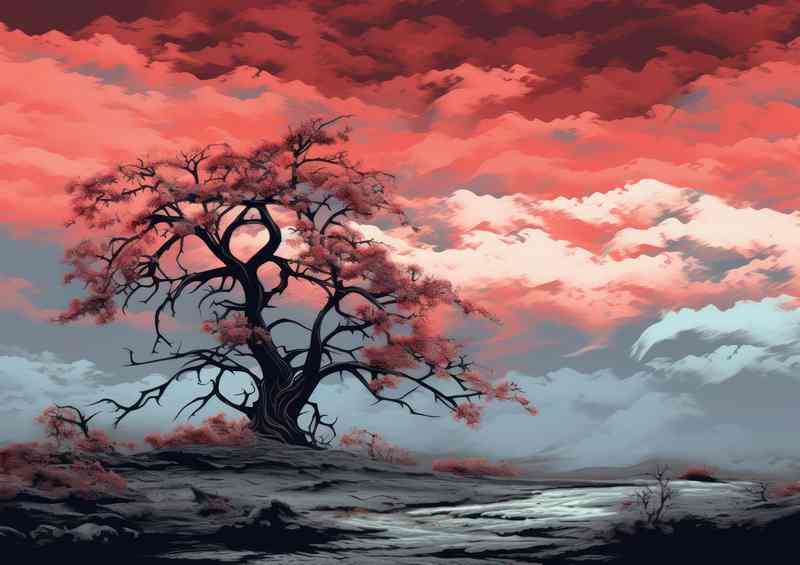 Single treewith red sky and evening drawing close | Poster