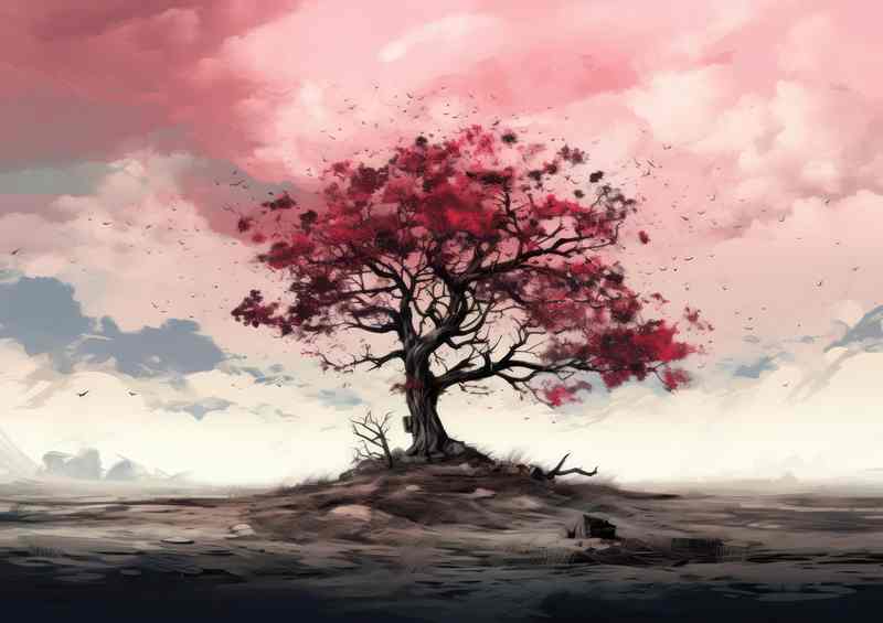 Solitary Red tree with leaves blustering around In the wind | Poster