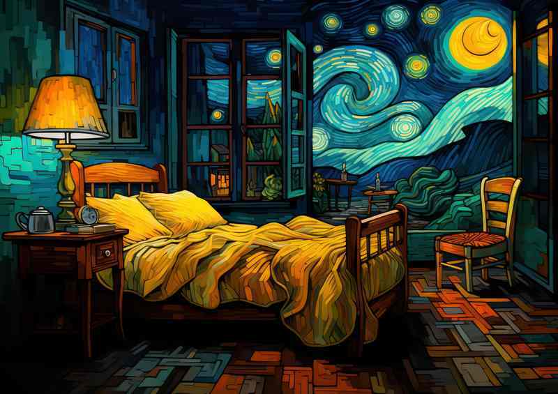 Bed and chair in a painted style with a starry night | Di-Bond