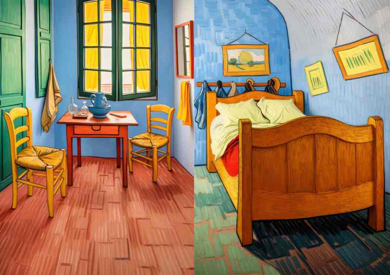 bedroom with a desk in a painted style | Poster