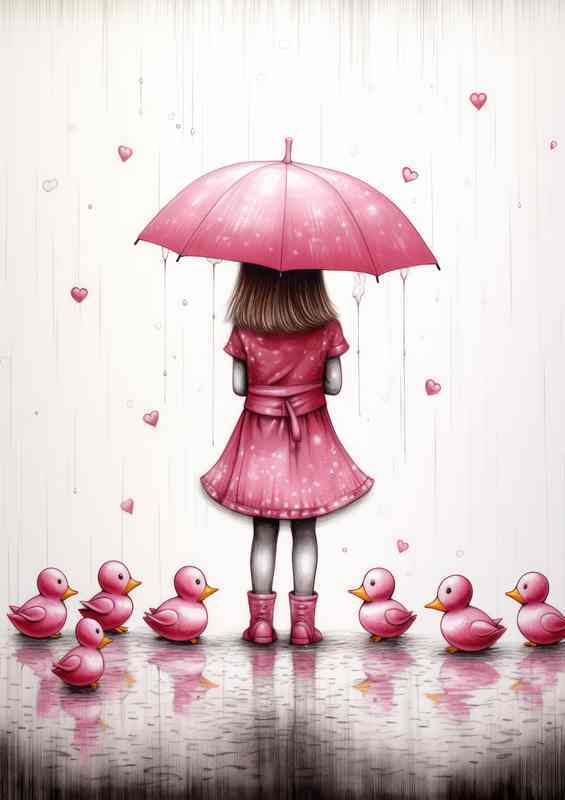 Girl Holding A Pink Umberella With Her Pink Ducks | Poster