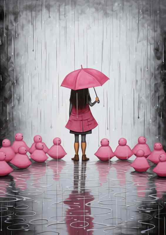 Girl In Pink In The Rain Holding Umberella | Di-Bond