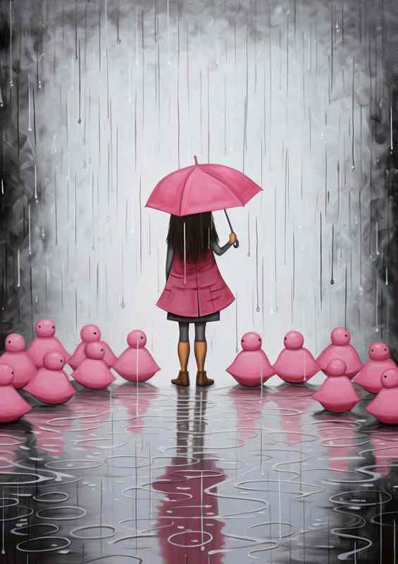 Girl In Pink In The Rain Holding Umberella | Poster