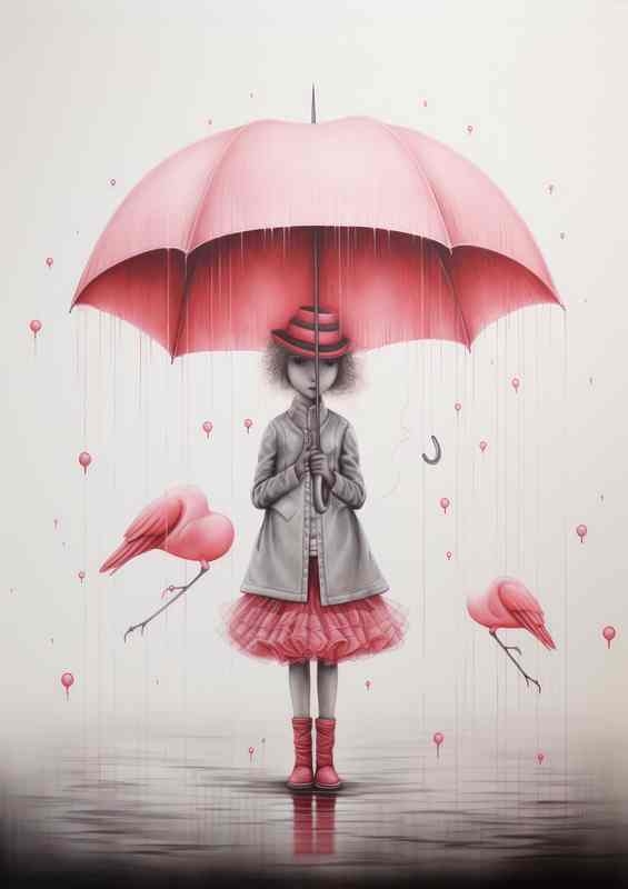 Girl With A Pink Umberella With Pink Hearts For Love | Poster