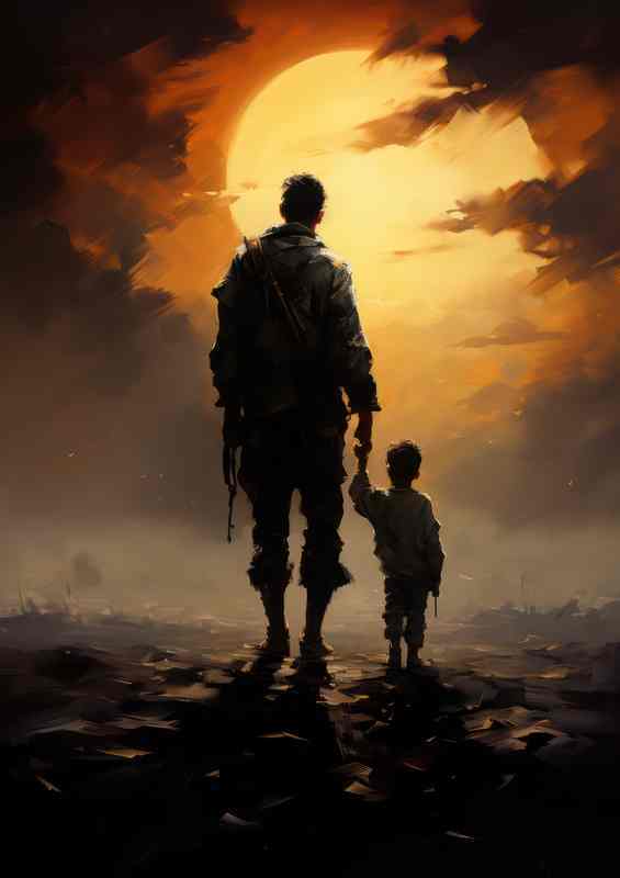 Boy and soilder walking off in the sunset | Canvas