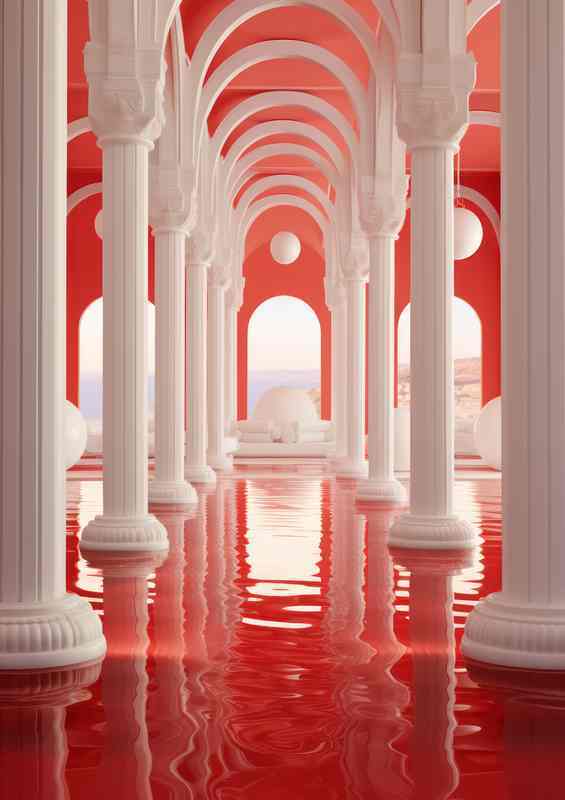 A White Sphere in the red waters with coloums | Di-Bond