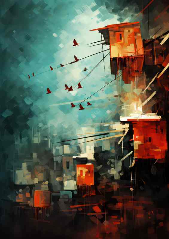 Post Modern town houses with birds flying | Canvas
