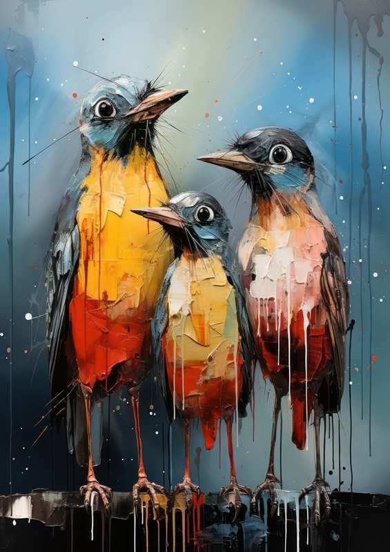 Abstract painted style three birds on a perch | Metal Poster