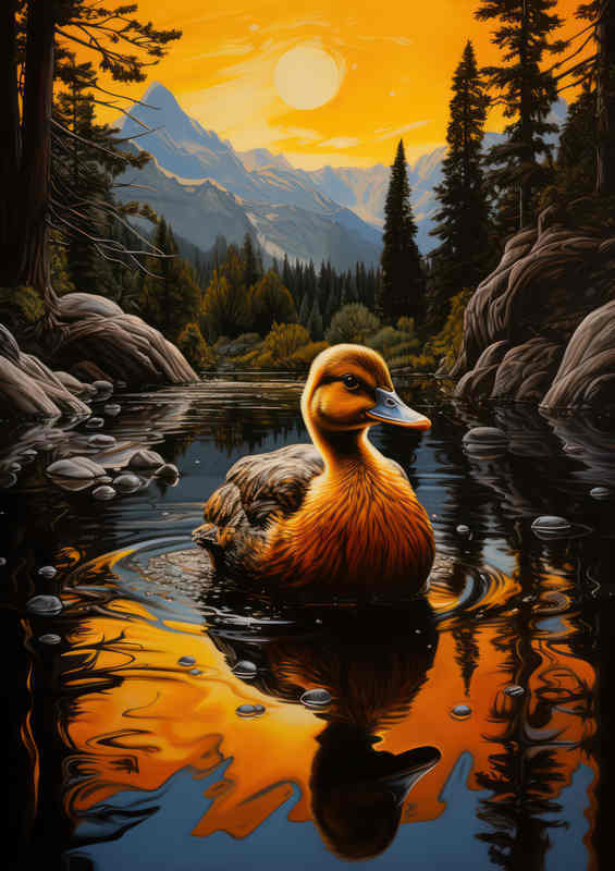 Duck painting style in the mountain river | Poster