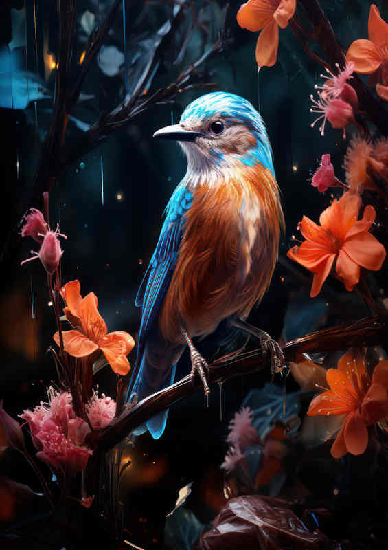 Little blue and red breasted bird surrounded by red flowers | Poster