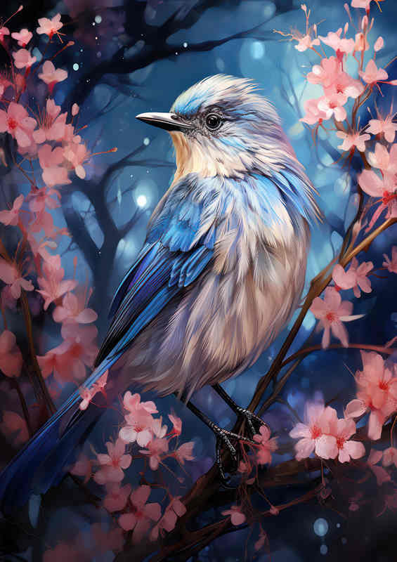 Small Blue Bird sitting on the tree with blossom | Poster