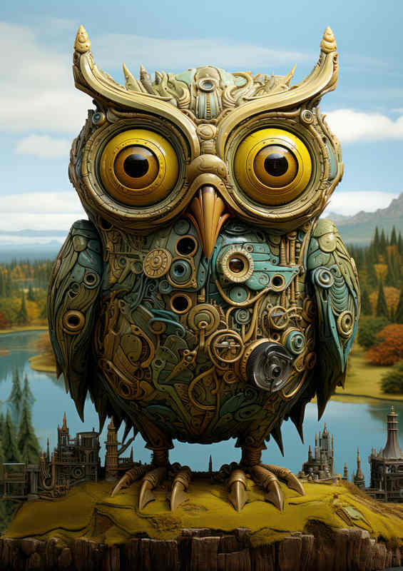 Surreal digital owl landscape background | Metal Poster