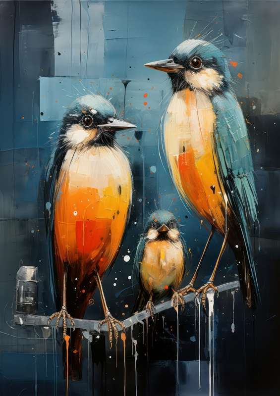 Three Painted Birds on a perch with a blue background | Poster