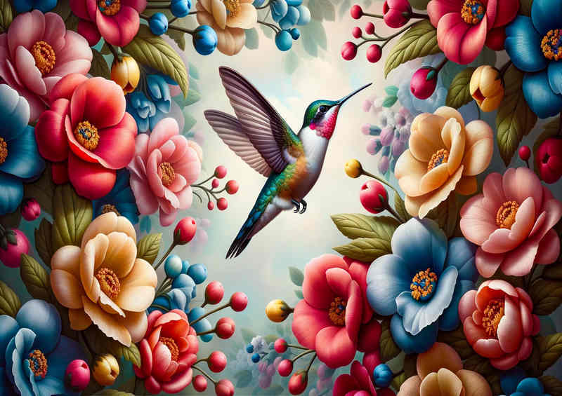 Floral Flight where a hummingbird dances in the air | Metal Poster