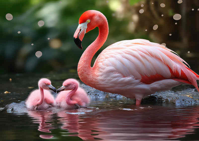 Mother falmingo with her two babies on the water | Di-Bond