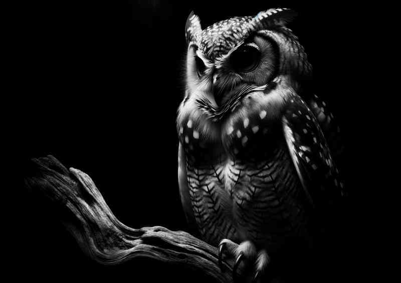 Nocturnal Elegance capturing an owl perched on a branch | Metal Poster