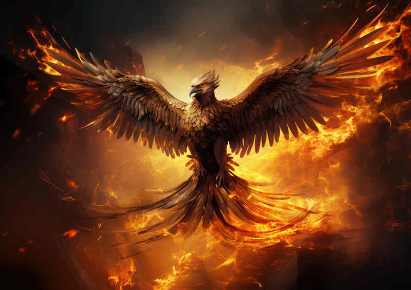 Phoenix rising from the ashes in the sky with burning embers | Di-Bond