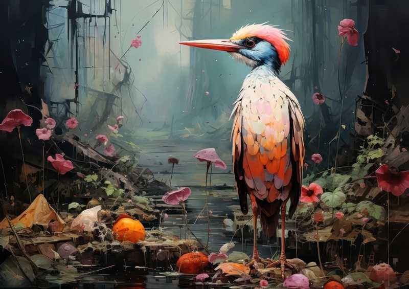 Pinted style bird in a forest with flowers | Metal Poster