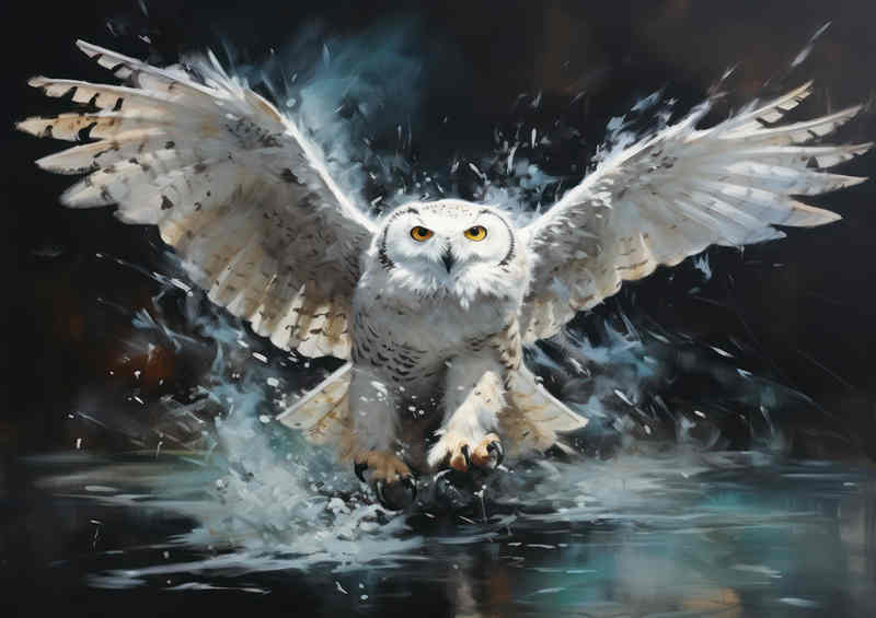 Snowy Owl Hunting for fish on the river | Poster