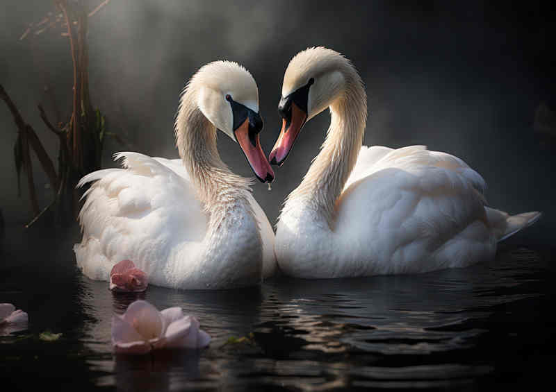 Two swans in the water in of hazy romantic | Poster