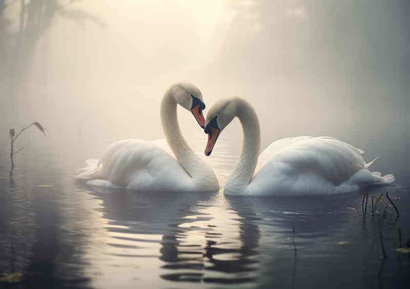 Two white Swans in the morning mist on the lake | Canvas