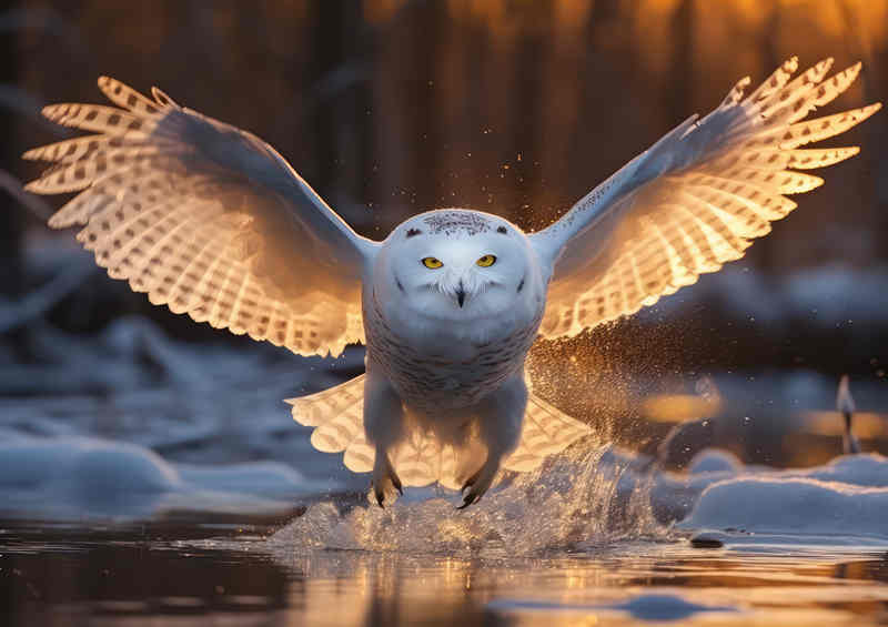 White snowy owl taking off from the lake | Di-Bond