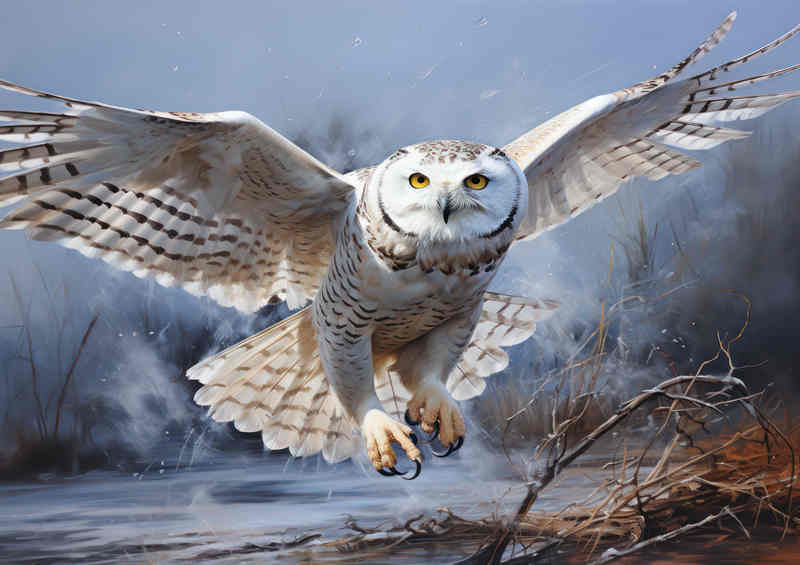 Young Snowy Owl landing on a tree branch | Di-Bond