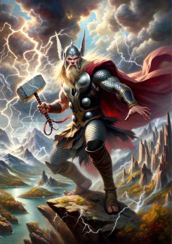 Norse god Thor mighty and thunderous wielding his hammer | Poster