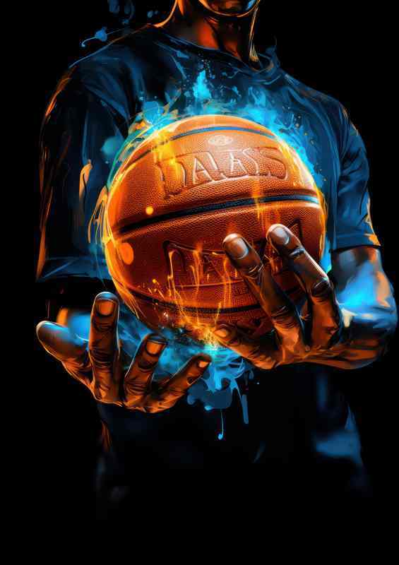 Basketball ball In a hand with blue and orange colors | Poster